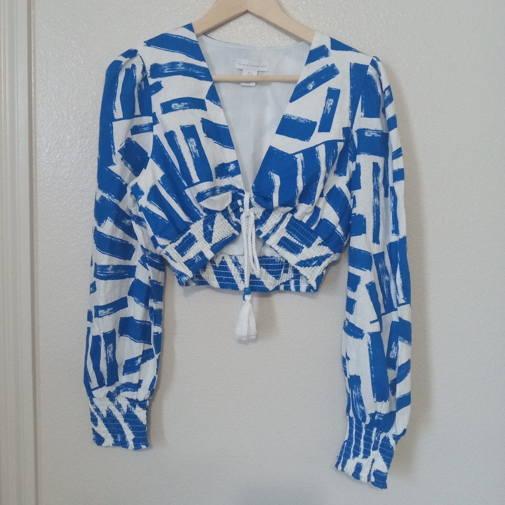 House Of Harlow 1960 Cropped Tassel Beaded Blue & White Top Small - Picture 2 of 8